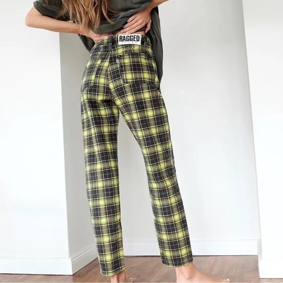 THE RAGGED PRIEST Caddie Lime Check Print Mom Jeans - Picture 1 of 9